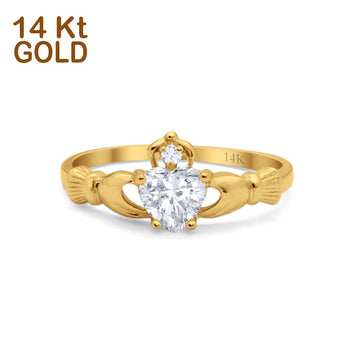 14K Yellow Gold Irish Claddagh Heart Promise Ring Wedding Engagement Ring Round Simulated Cubic Zirconia